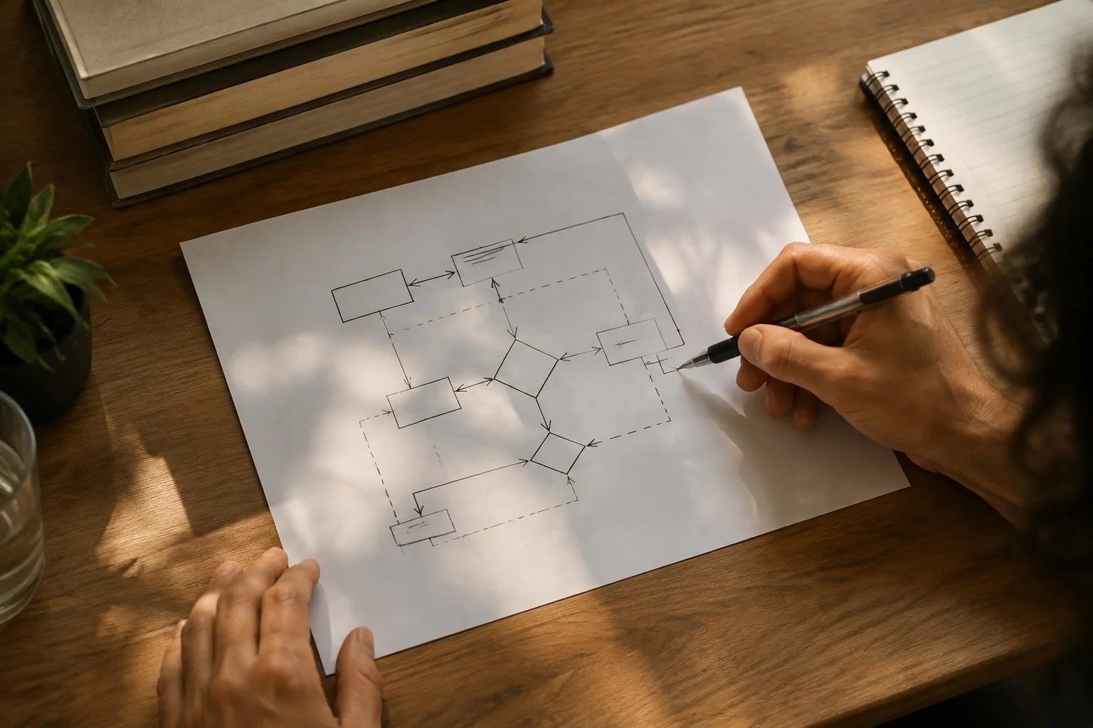 Vista de cima de uma mesa com um diagrama de lógica desenhado à mão