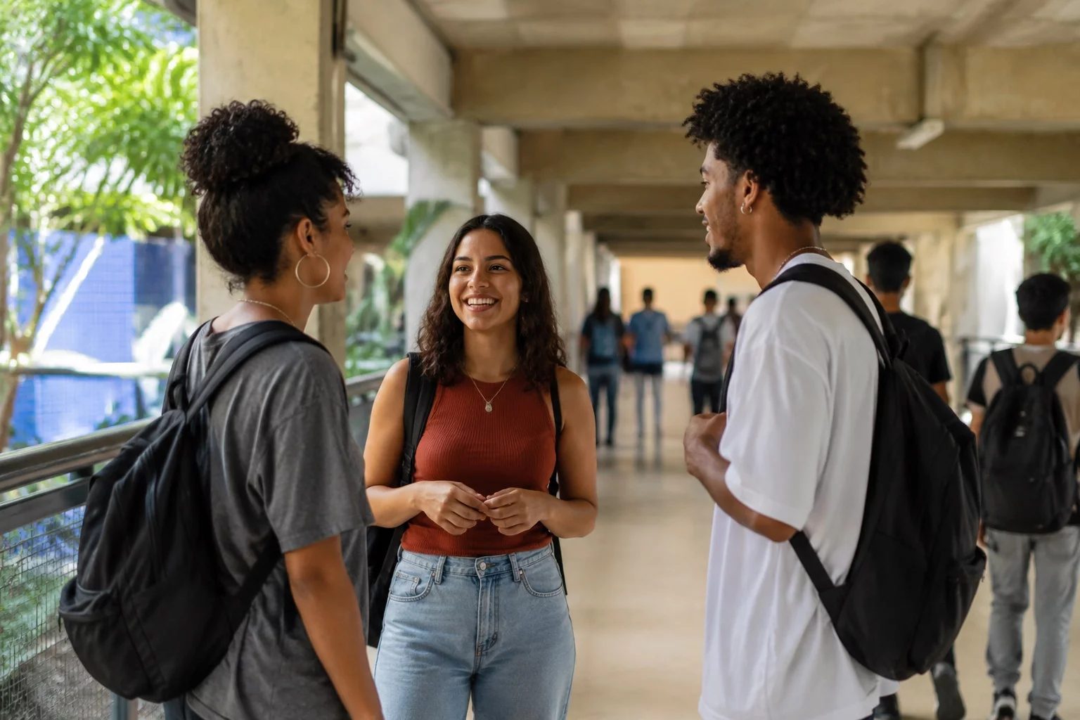 Estudantes com mochilas conversando no corredor de uma universidade