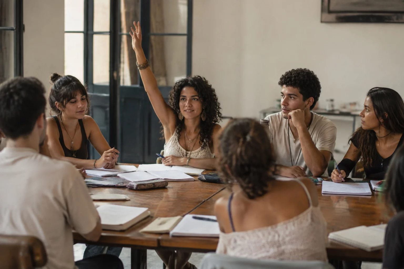 Estudante levantando a mão em uma mesa de seminário coberta de anotações