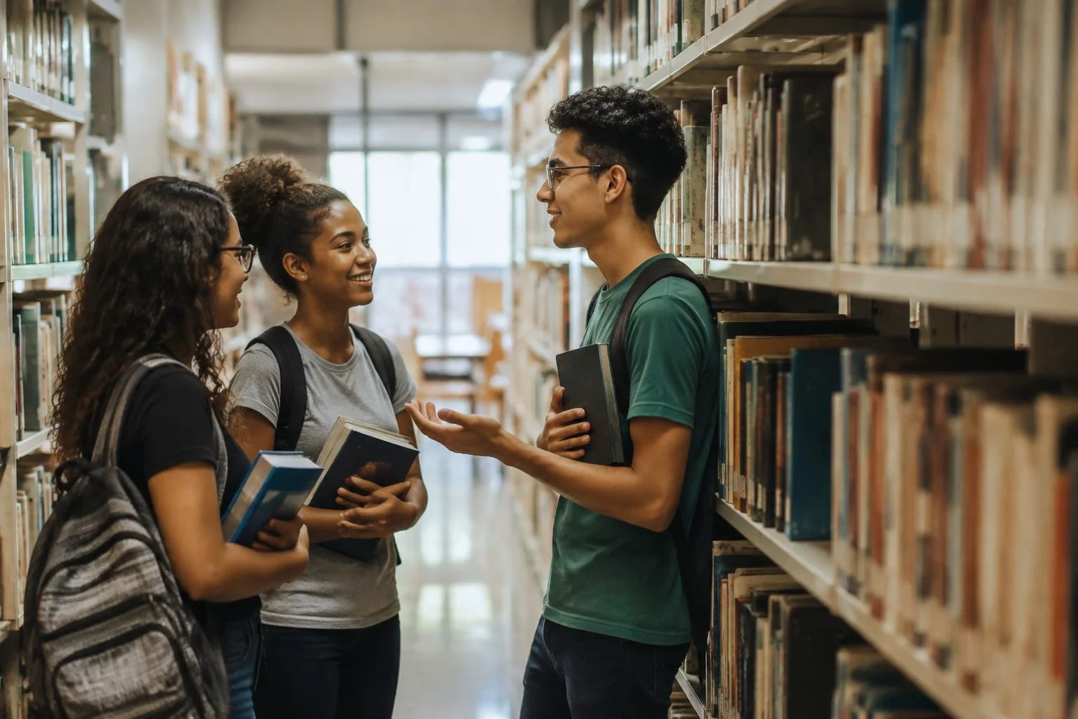 Estudantes conversando em pé entre as estantes de uma biblioteca