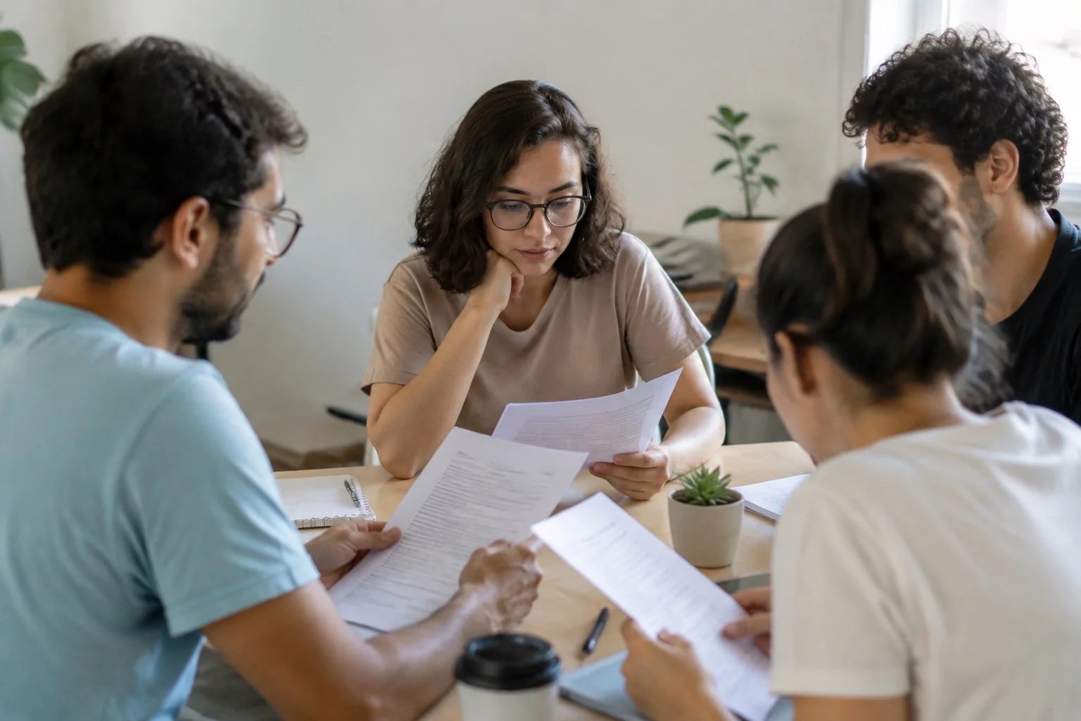 Grupo pequeno lendo páginas impressas de argumentos ao redor de uma mesa