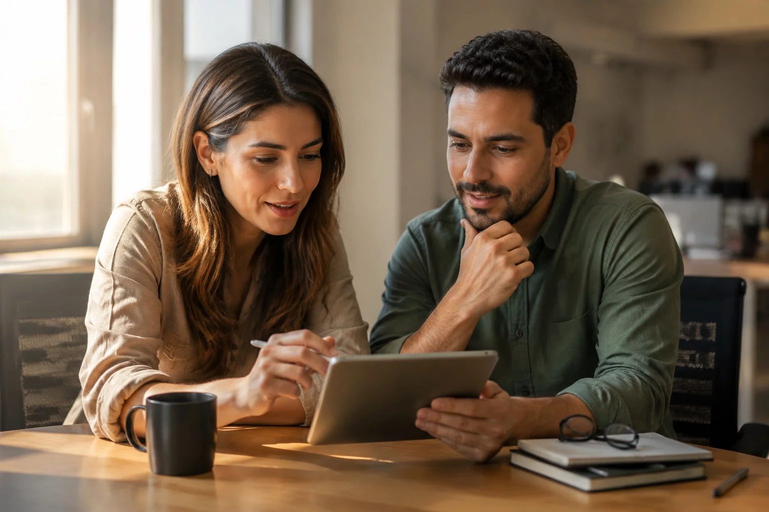 Duas pessoas revisando anotações em um tablet sobre uma mesa de madeira