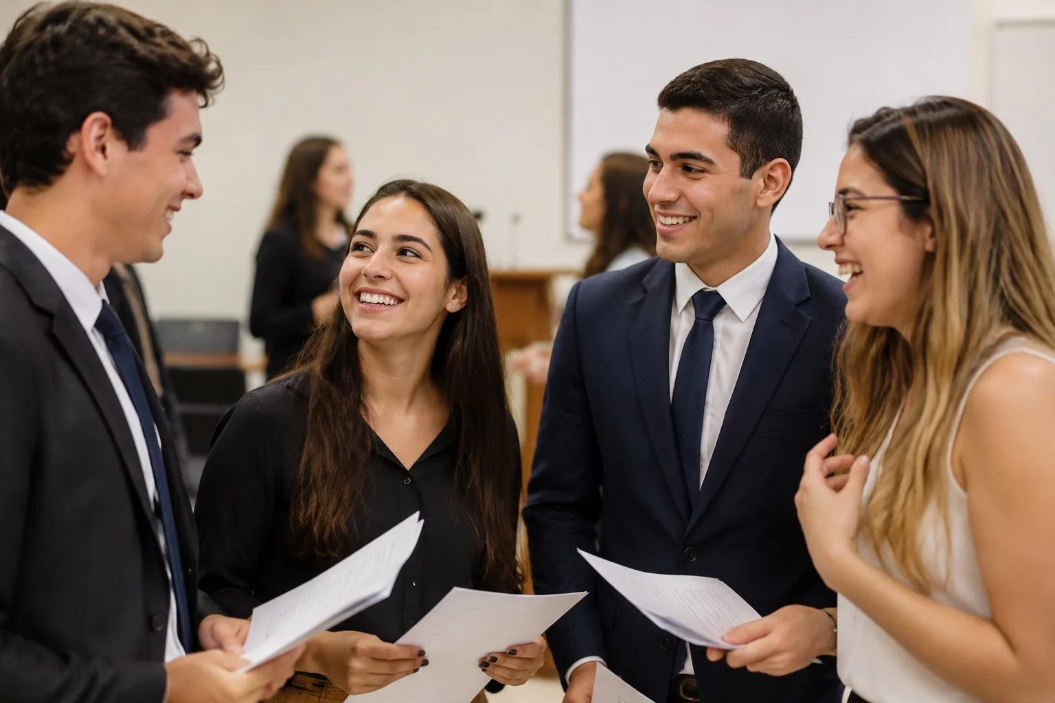 Grupo sorrindo após uma rodada de debate, com papéis nas mãos